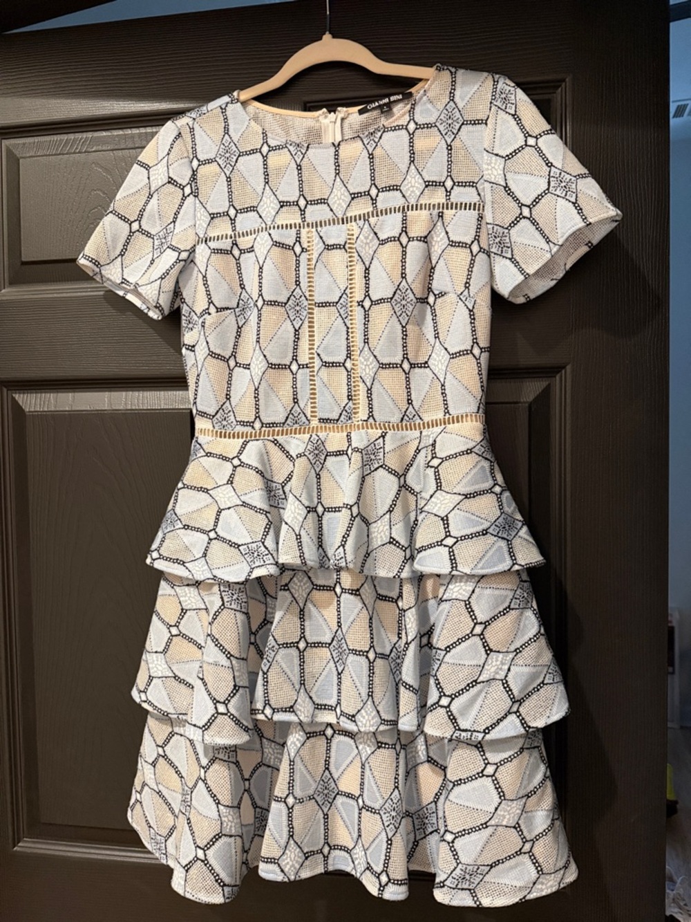 Charming White, Navy & Baby Blue Peplum Tiered Kids Dress